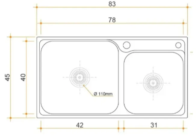 Plano técnico 1 de bacha de cocina de acero inoxidable Cubic dúo l83