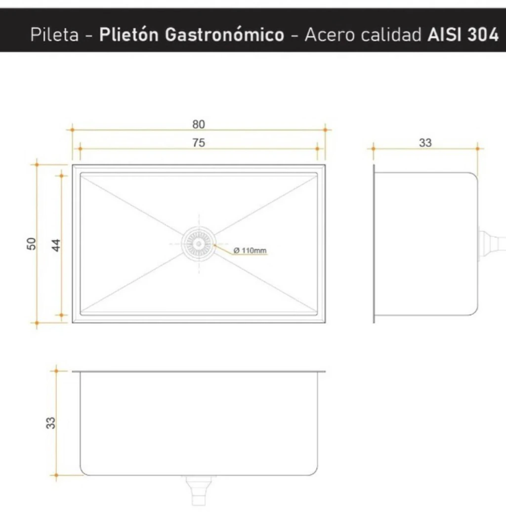 Plano técnico 1 de Pileton industrial de acero inoxidable